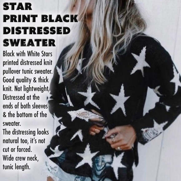 Boutique Sweaters - Star Print Black Distressed Sweater